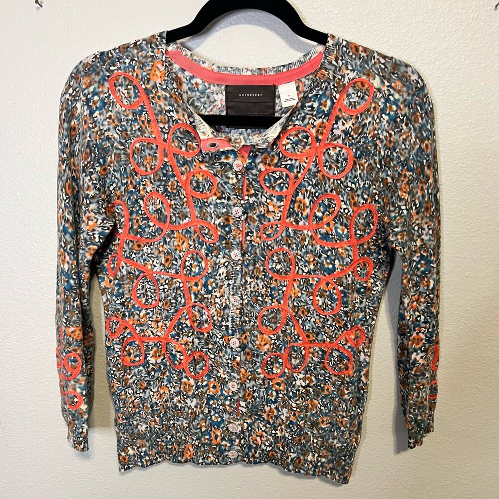 Anthropologie Floral Print Cardigan with Coral Embroidery